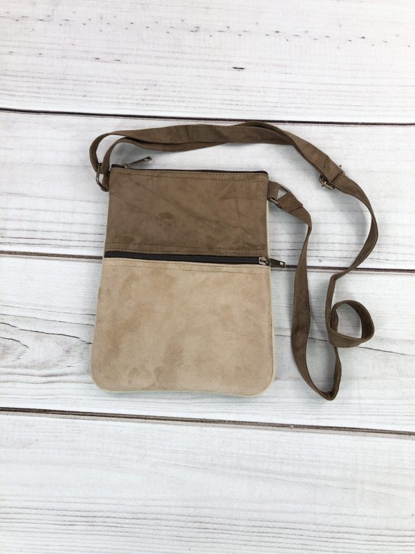 Suede Embroidered Taupe and Blue Five Zipper Crossbody Bag