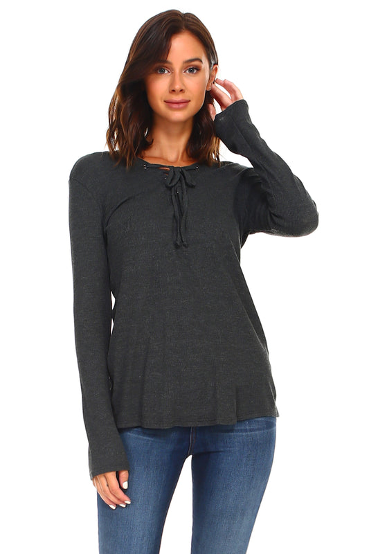 Women's Lace Up Long Sleeve Top - LuxeSavo