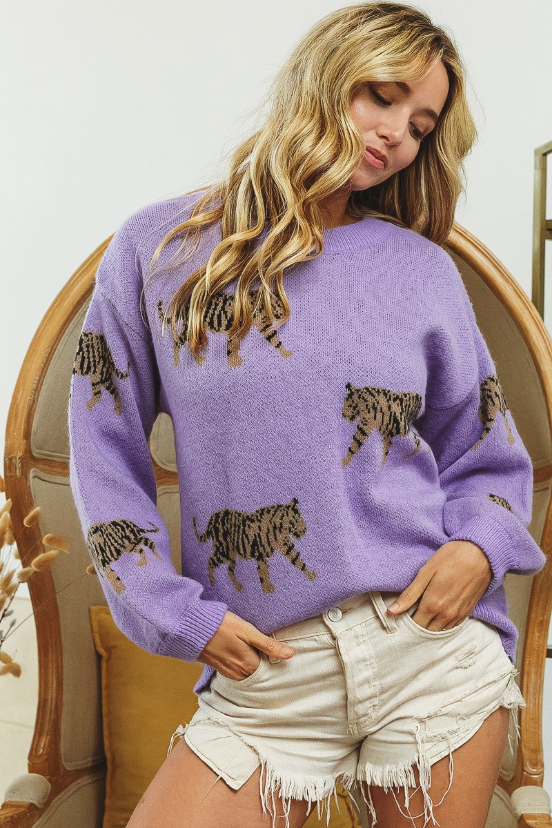 Relaxed Fit Balloon Sleeve Tiger Pattern Pullover Sweater