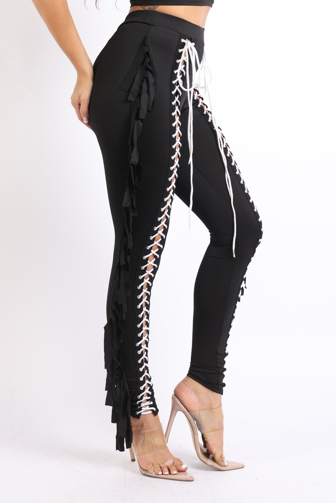 Chic Lace up Detailed Fringe Tassel Pants Leggings BLACK