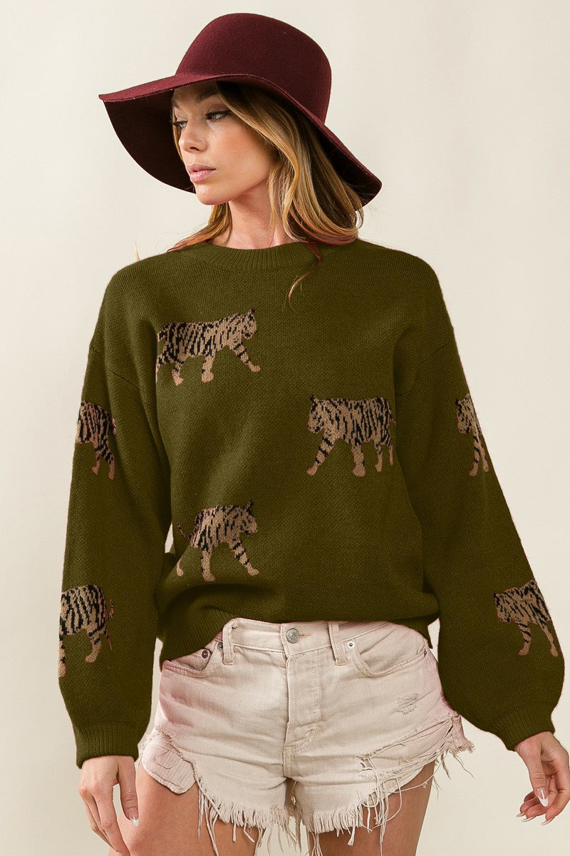 Relaxed Fit Balloon Sleeve Tiger Pattern Pullover Sweater