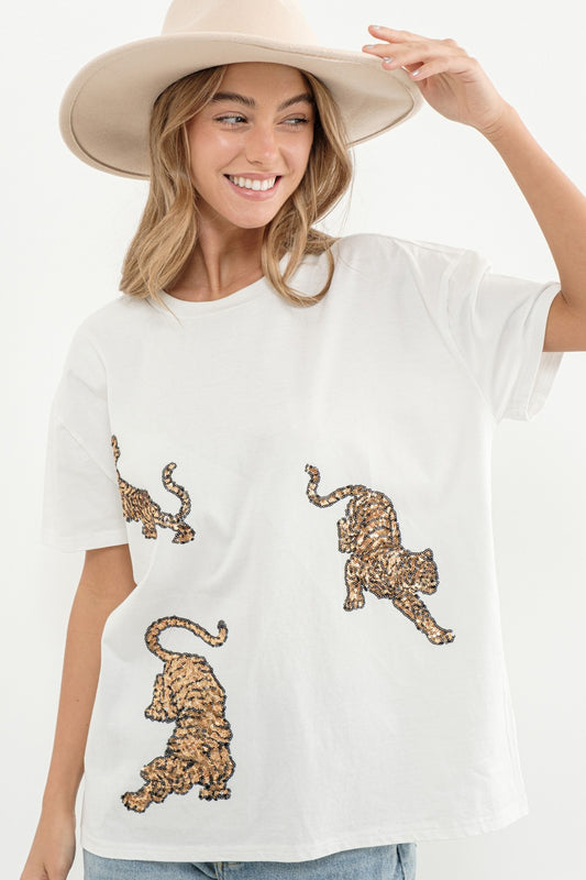 Embellished Gold Sequin Tiger Graphic Short Sleeve Cotton T Shirt