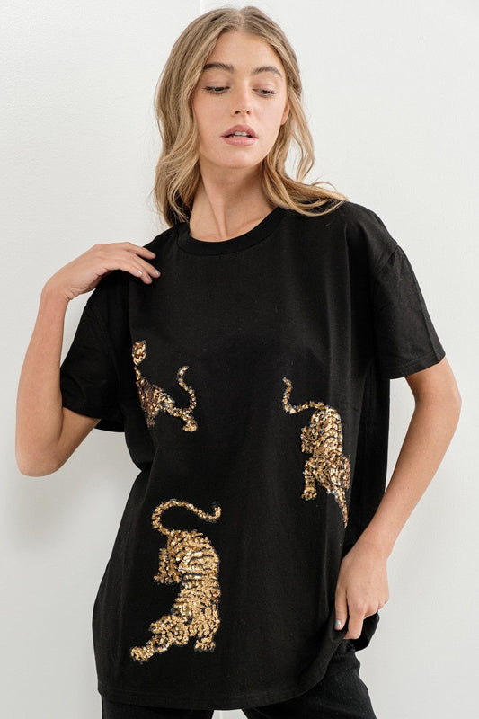 Gold Sequin Tiger Graphic Short Sleeve Cotton T-shirt
