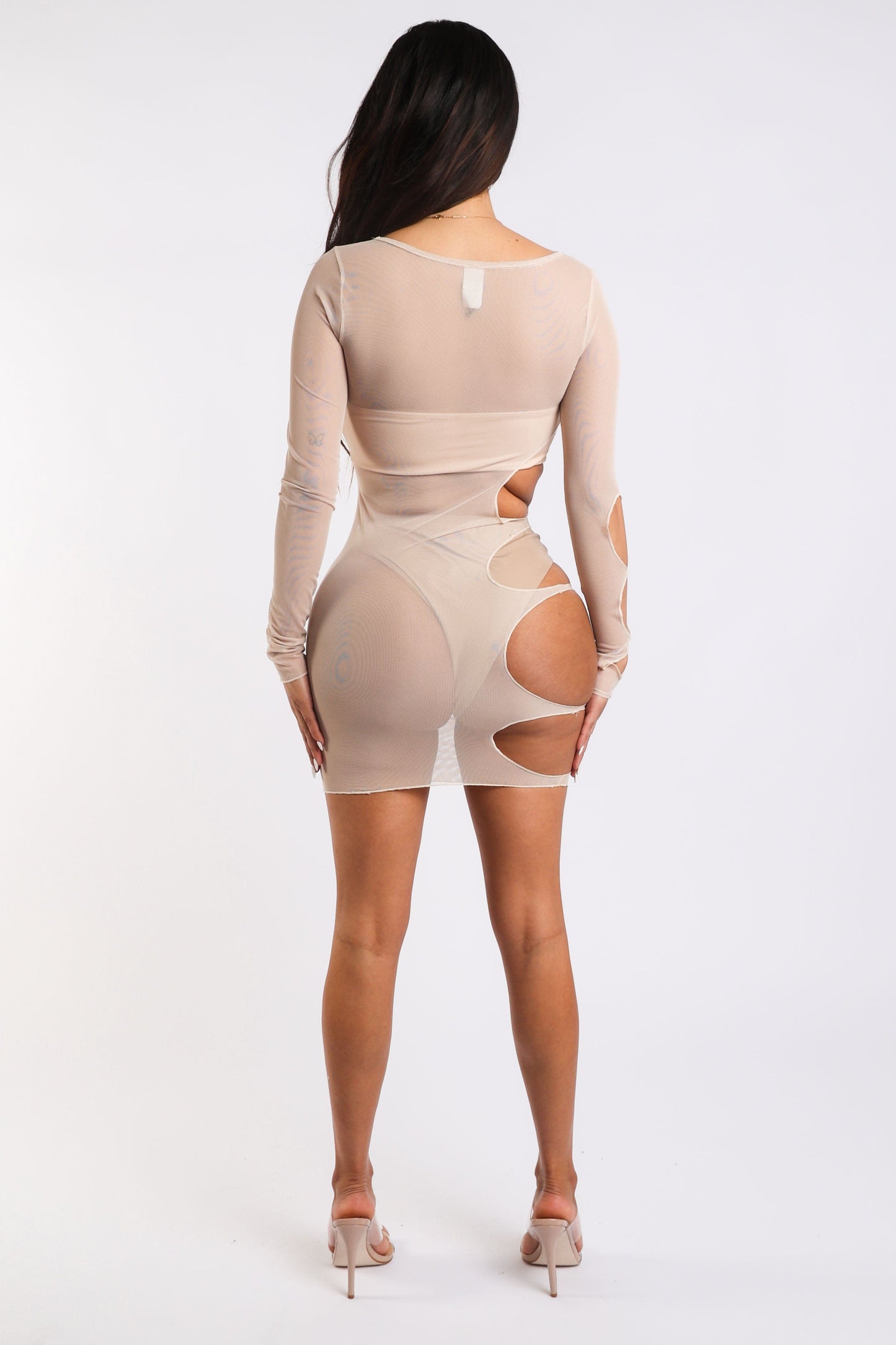 Sexy Cut Out Detailed Long Sleeve Mesh Sheer Dress NUDE - LuxeSavo