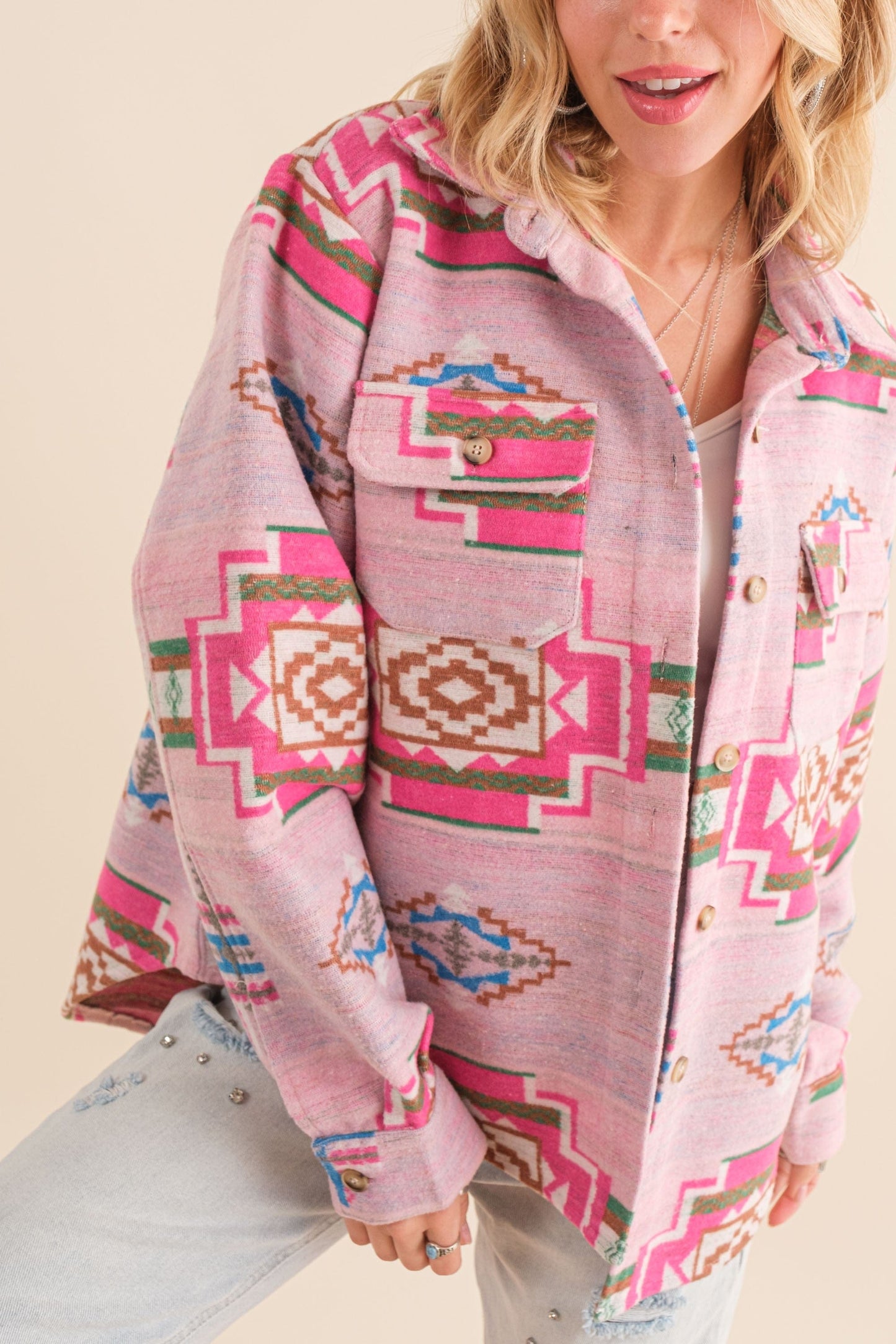 Pink Jacquard Aztec Relaxed Fit Button Down Shacket Shacket
